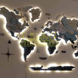 تابلو نقشه جهان با نور مخفی سفید و نمایش کشورها با رنگ منحصر به فرد تابلو نقشه جهان با نور مخفی سفید